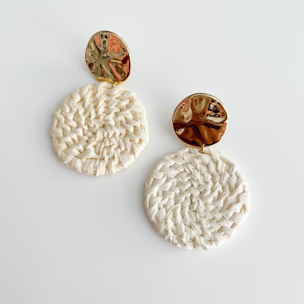 J. Crew Metal-and-Raffia Disc Earrings (Natural)